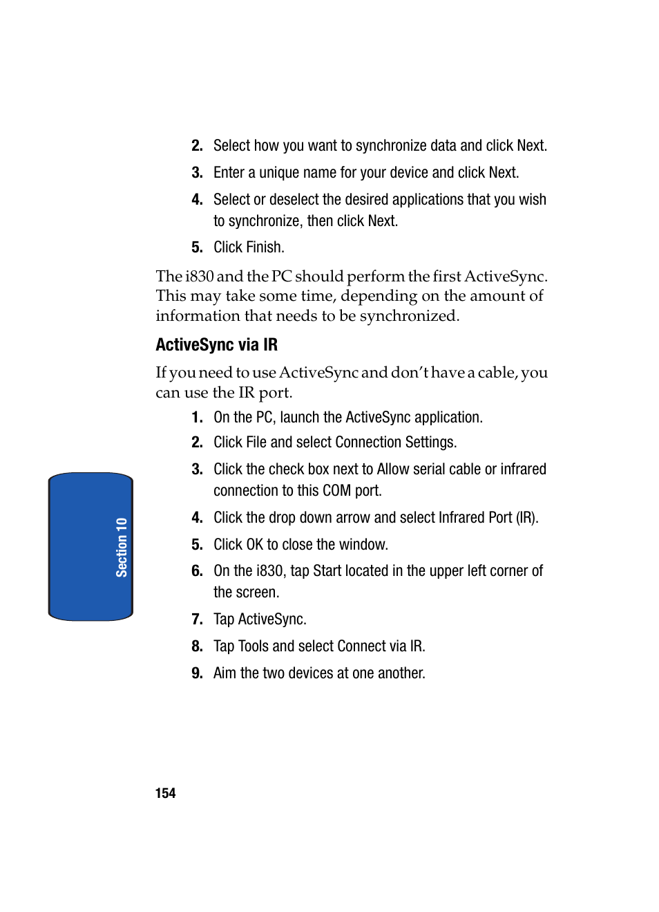 Activesync via ir | Samsung SCH i830 User Manual | Page 154 / 224