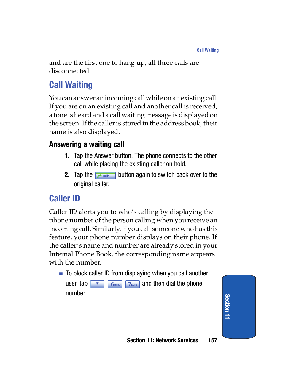 Call waiting, Answering a waiting call, Caller id | Call waiting caller id | Samsung SCH i830 User Manual | Page 157 / 224
