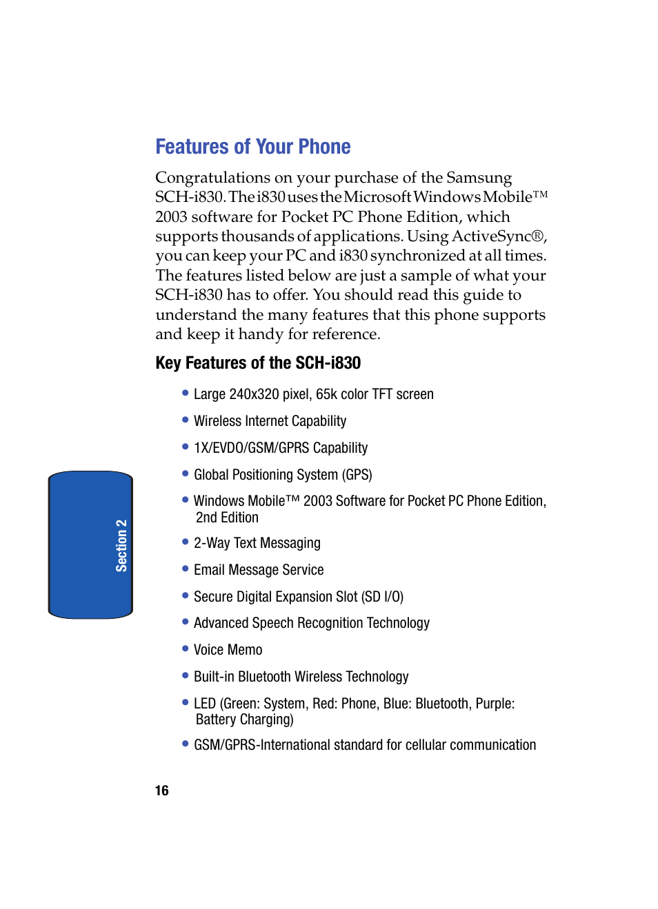 Features of your phone, Key features of the sch-i830 | Samsung SCH i830 User Manual | Page 16 / 224