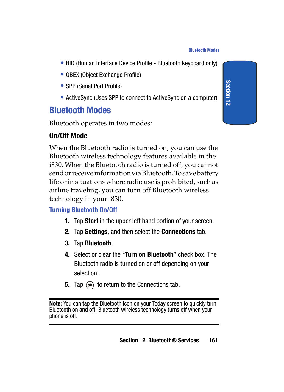 Bluetooth modes, On/off mode, Turning bluetooth on/off | Samsung SCH i830 User Manual | Page 161 / 224