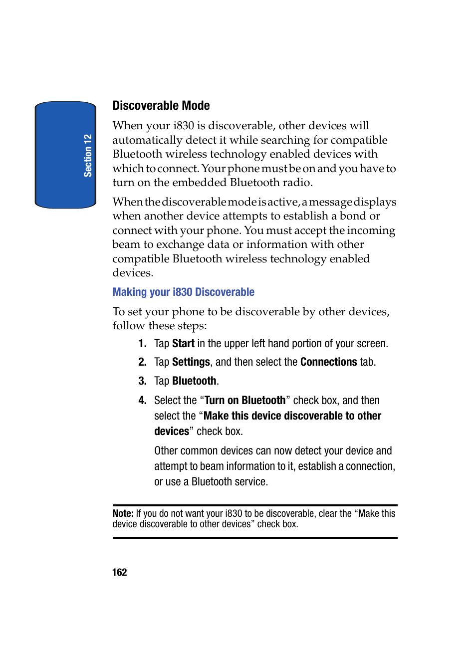 Discoverable mode, Making your i830 discoverable | Samsung SCH i830 User Manual | Page 162 / 224