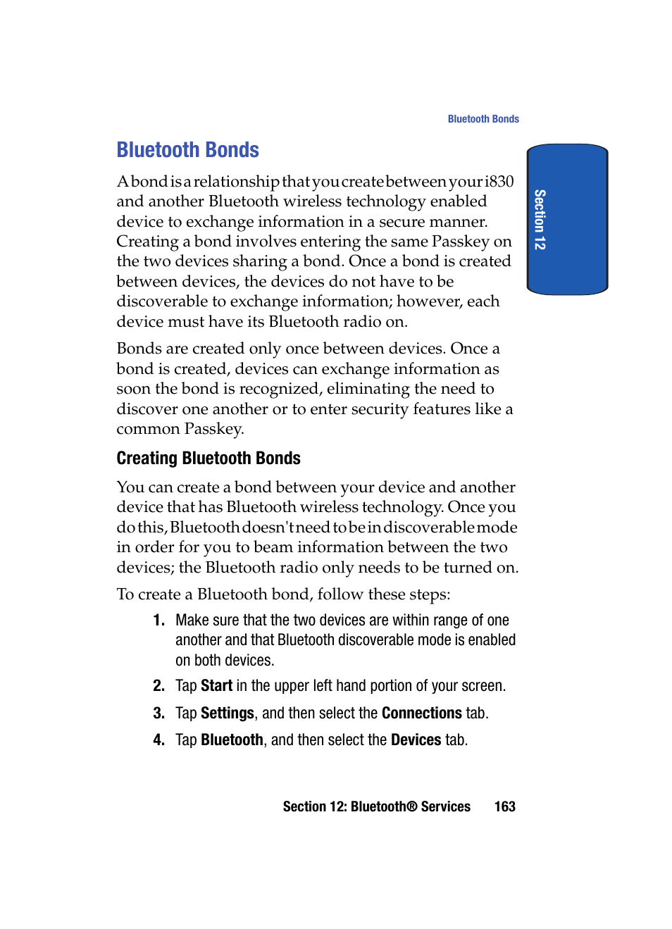 Bluetooth bonds, Creating bluetooth bonds | Samsung SCH i830 User Manual | Page 163 / 224