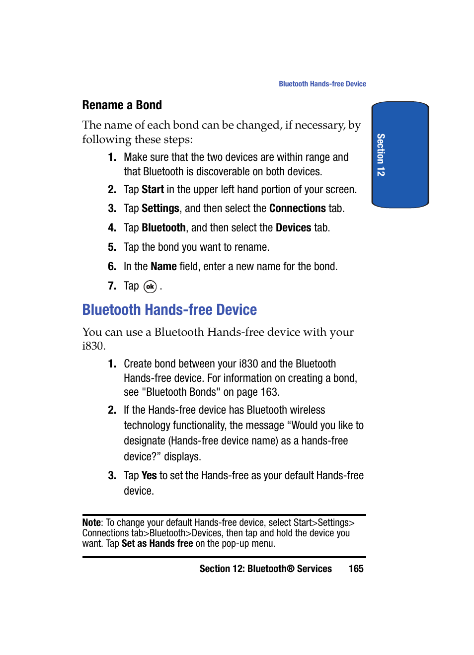 Rename a bond, Bluetooth hands-free device | Samsung SCH i830 User Manual | Page 165 / 224