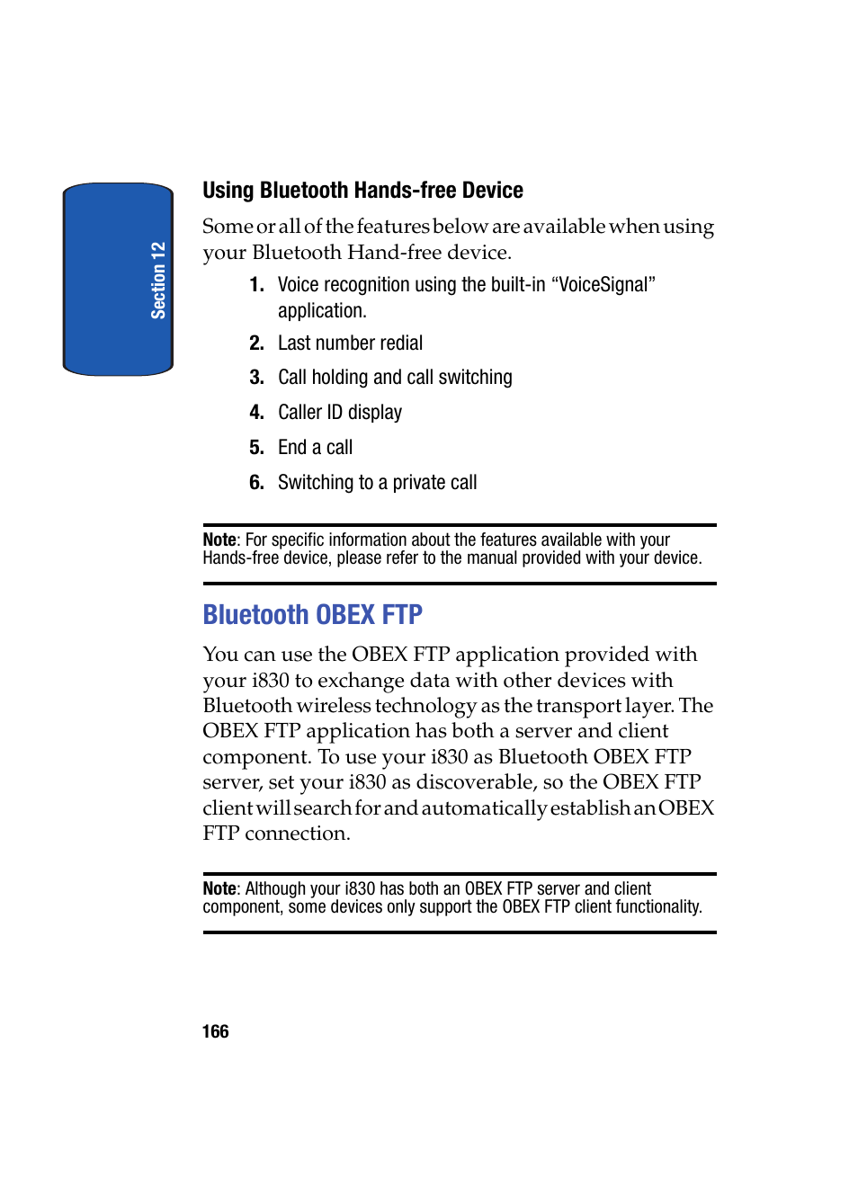 Using bluetooth hands-free device, Bluetooth obex ftp | Samsung SCH i830 User Manual | Page 166 / 224