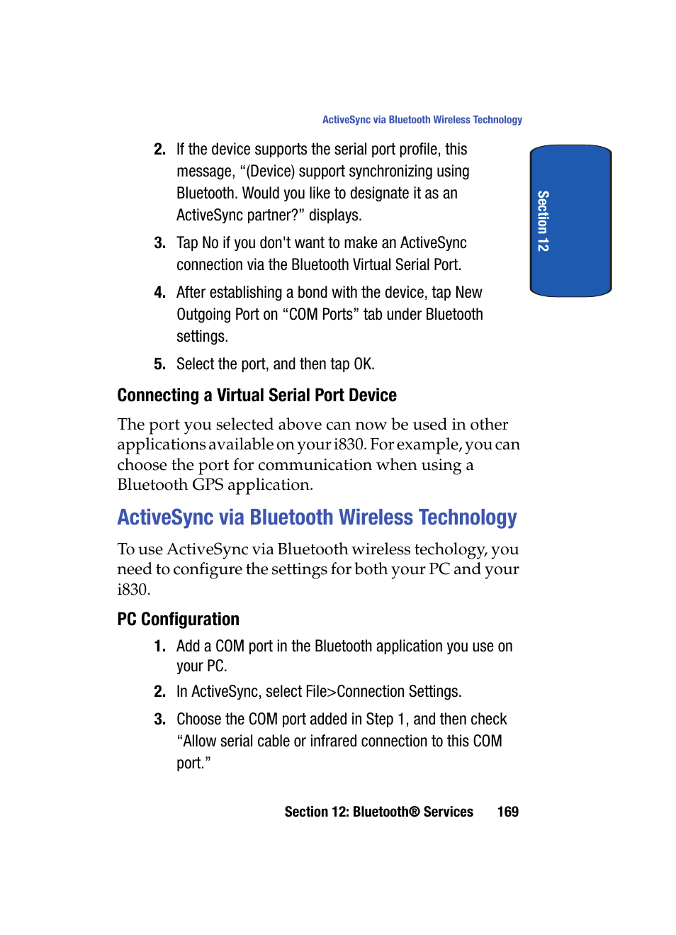 Connecting a virtual serial port device, Activesync via bluetooth wireless technology, Pc configuration | Samsung SCH i830 User Manual | Page 169 / 224