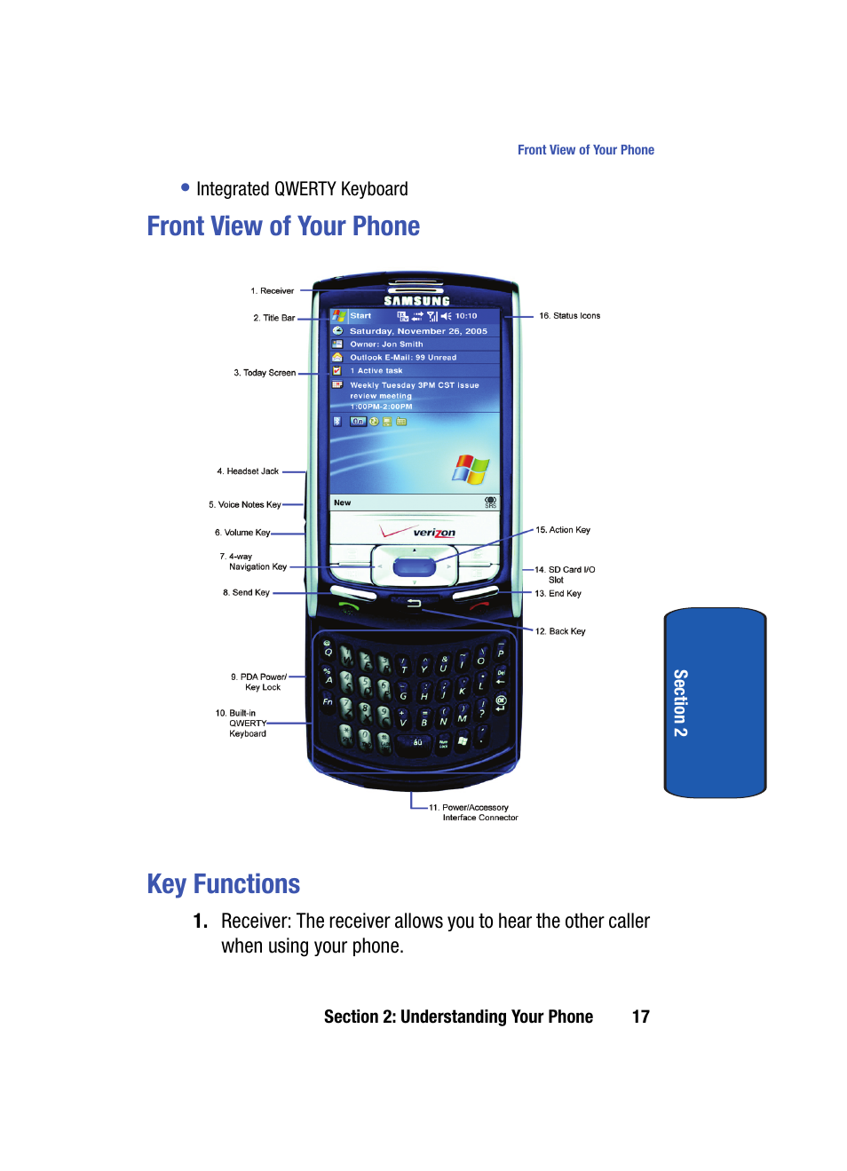 Front view of your phone, Key functions, Front view of your phone key functions | Samsung SCH i830 User Manual | Page 17 / 224