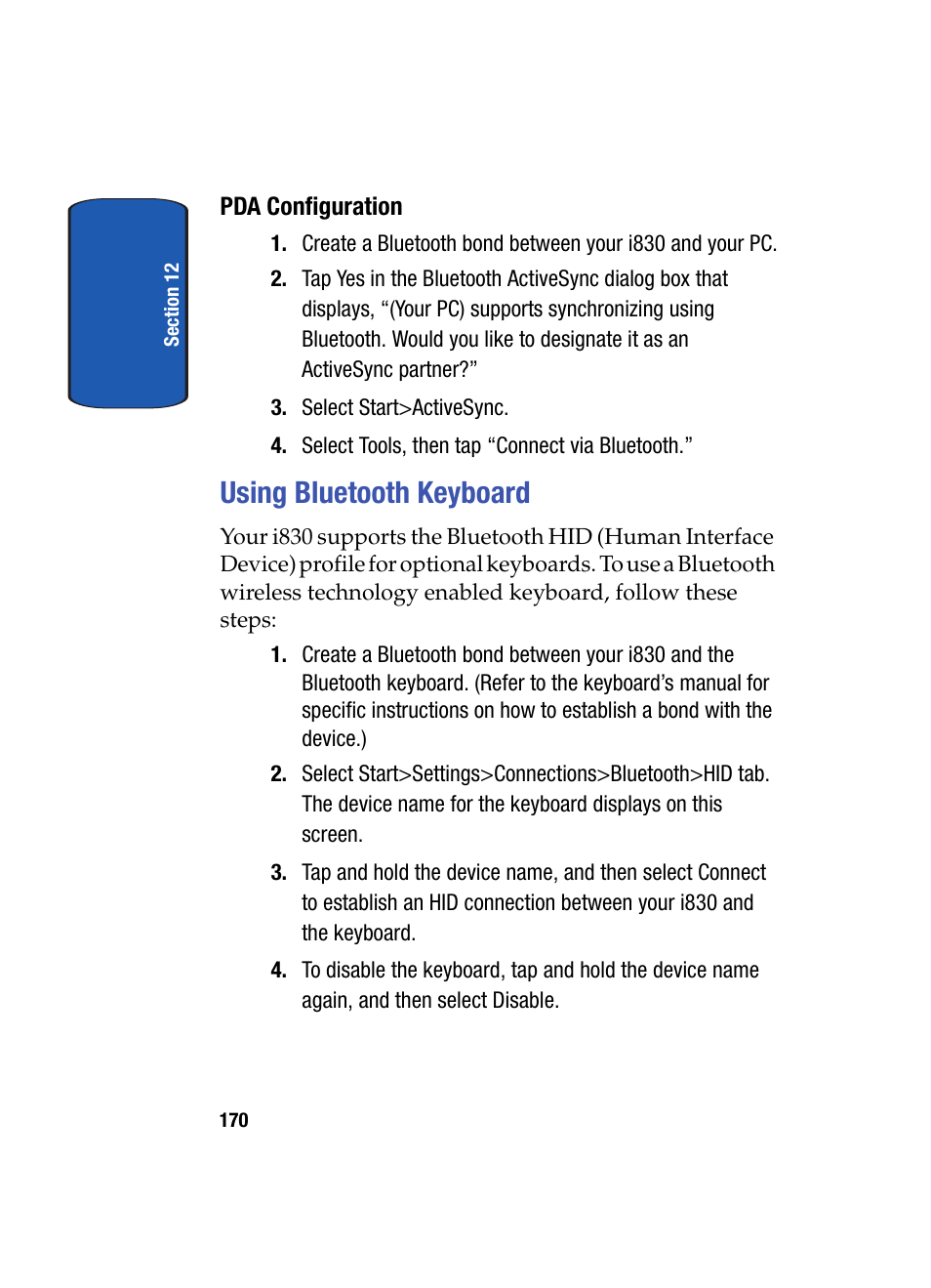 Pda configuration, Using bluetooth keyboard | Samsung SCH i830 User Manual | Page 170 / 224