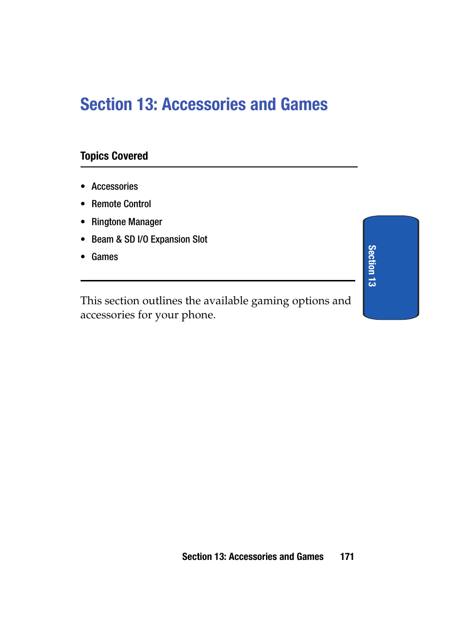 Section 13: accessories and games | Samsung SCH i830 User Manual | Page 171 / 224