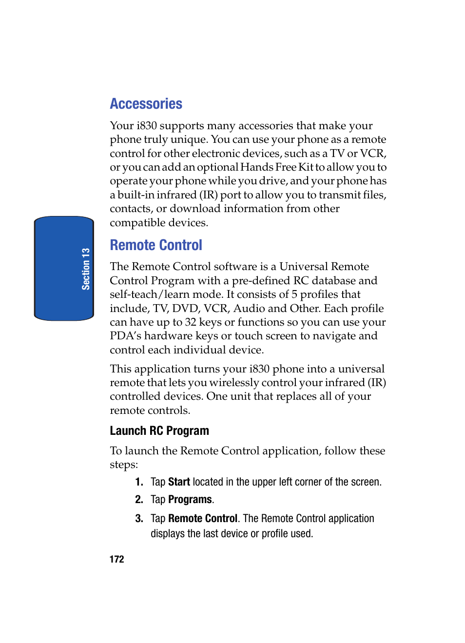 Accessories, Remote control, Launch rc program | Accessories remote control | Samsung SCH i830 User Manual | Page 172 / 224