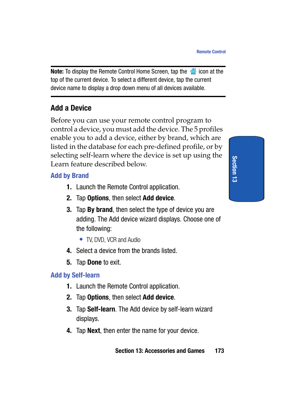 Add a device, Add by brand, Add by self-learn | Samsung SCH i830 User Manual | Page 173 / 224