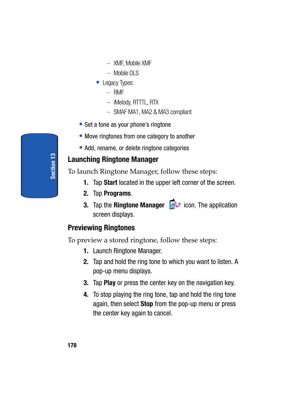 Launching ringtone manager, Previewing ringtones | Samsung SCH i830 User Manual | Page 178 / 224