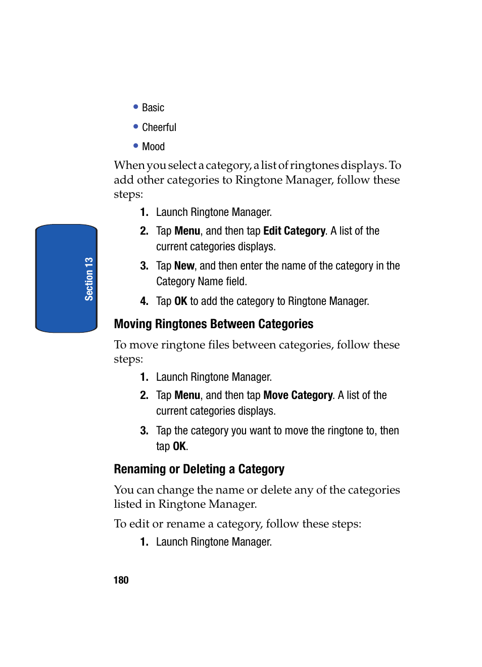 Moving ringtones between categories, Renaming or deleting a category | Samsung SCH i830 User Manual | Page 180 / 224