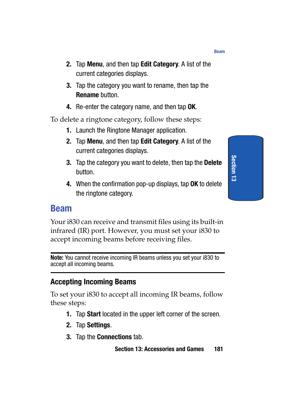 Beam, Accepting incoming beams | Samsung SCH i830 User Manual | Page 181 / 224