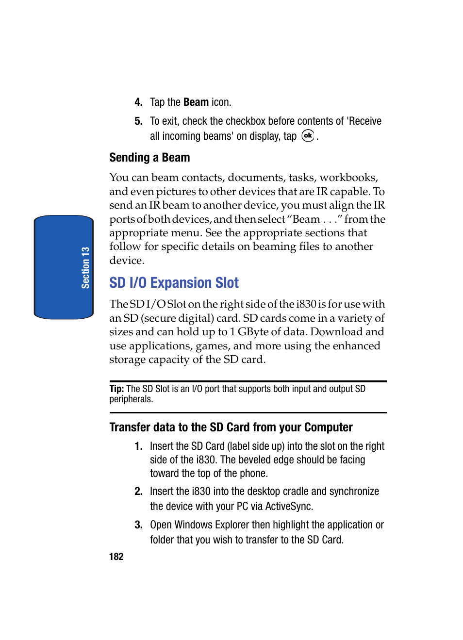 Sending a beam, Sd i/o expansion slot, Transfer data to the sd card from your computer | Samsung SCH i830 User Manual | Page 182 / 224