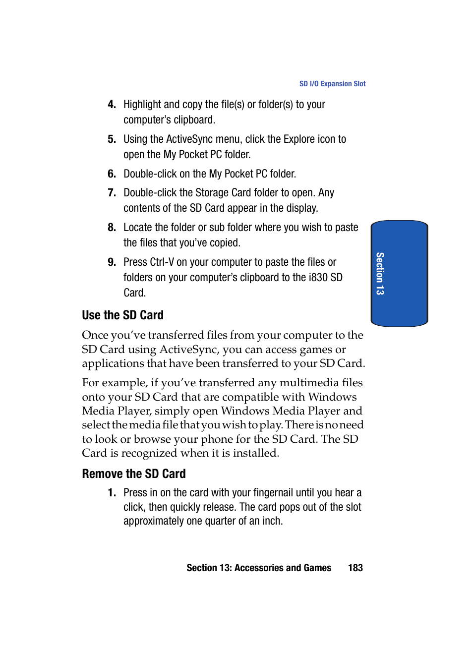 Use the sd card, Remove the sd card | Samsung SCH i830 User Manual | Page 183 / 224