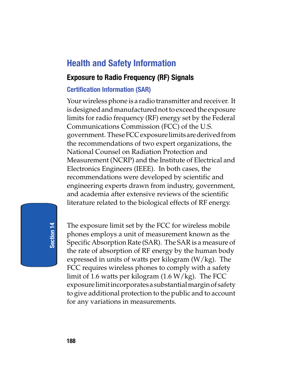 Health and safety information, Exposure to radio frequency (rf) signals, Certification information (sar) | Samsung SCH i830 User Manual | Page 188 / 224