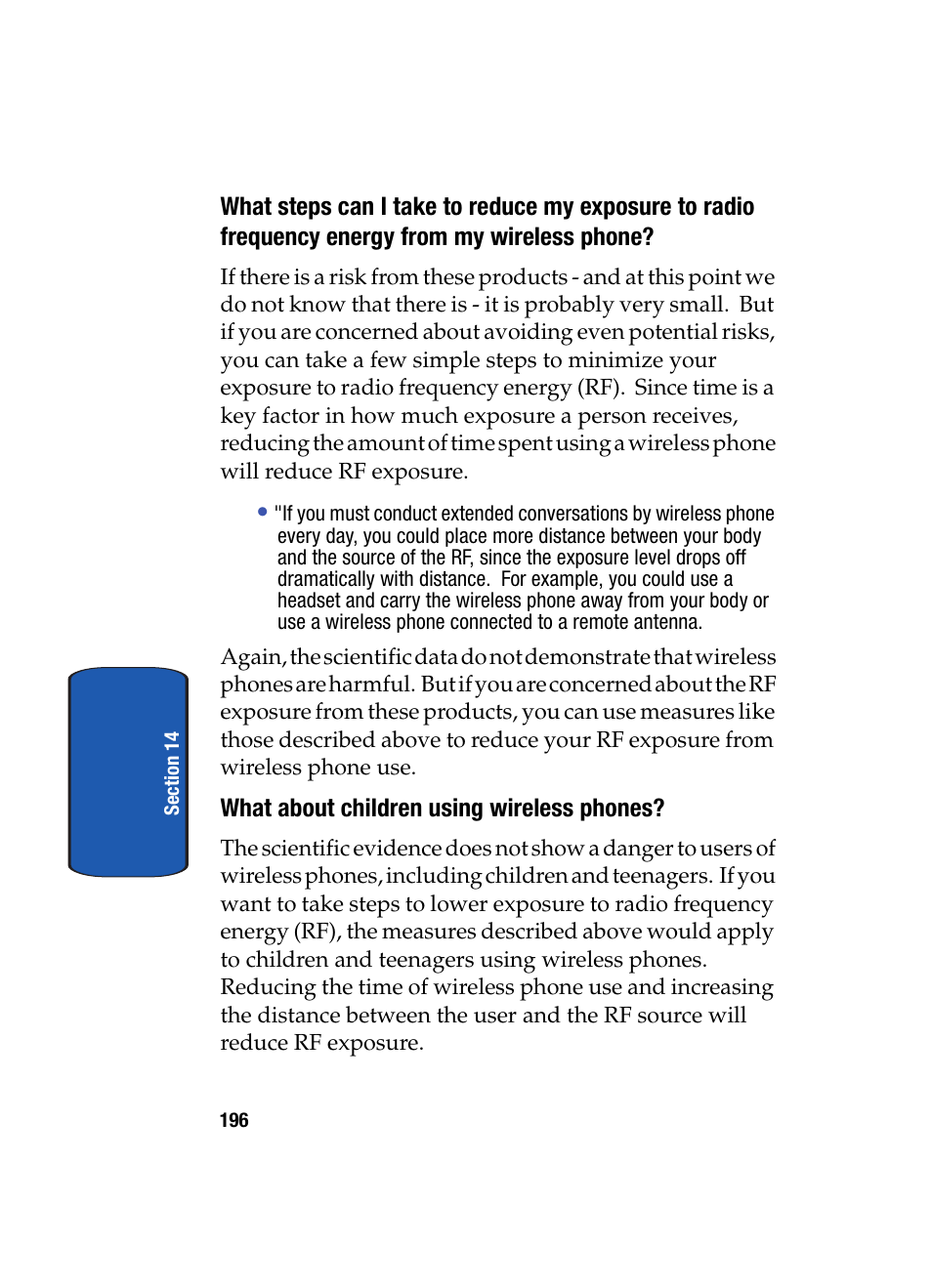 What about children using wireless phones | Samsung SCH i830 User Manual | Page 196 / 224