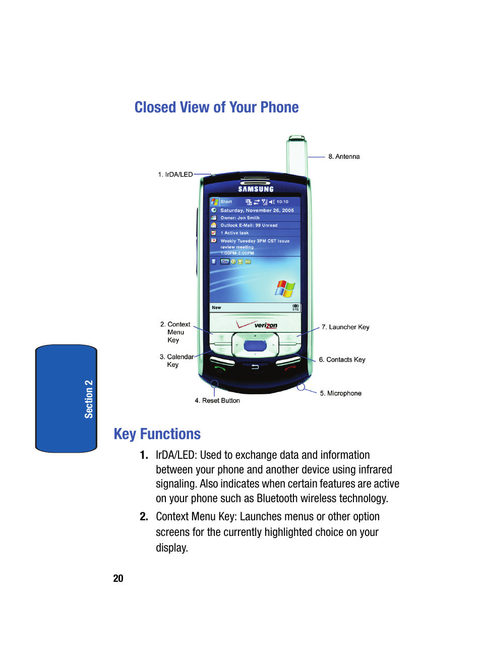 Closed view of your phone, Key functions, Closed view of your phone key functions | Samsung SCH i830 User Manual | Page 20 / 224