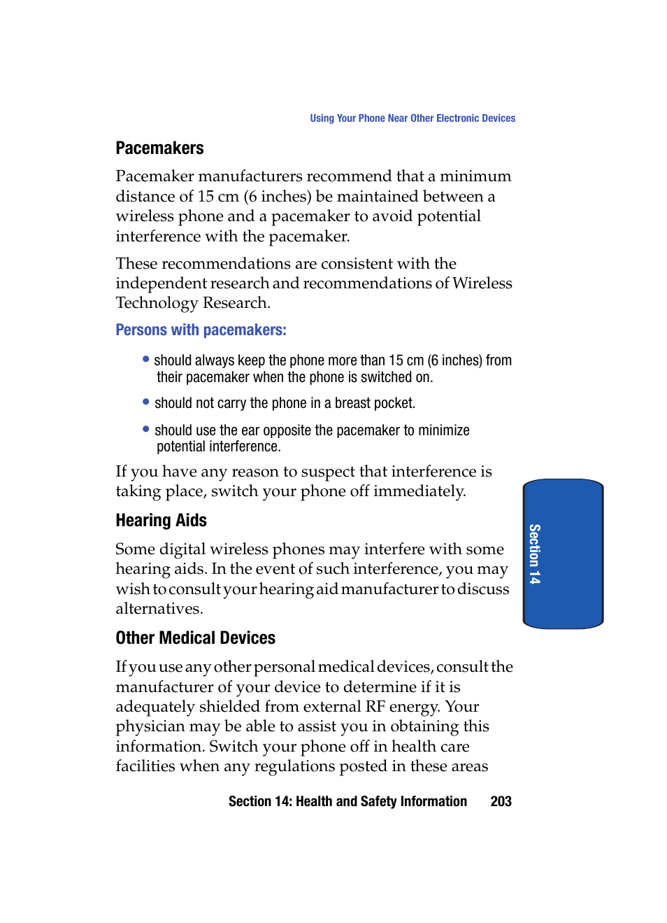 Pacemakers, Persons with pacemakers, Hearing aids | Other medical devices | Samsung SCH i830 User Manual | Page 203 / 224