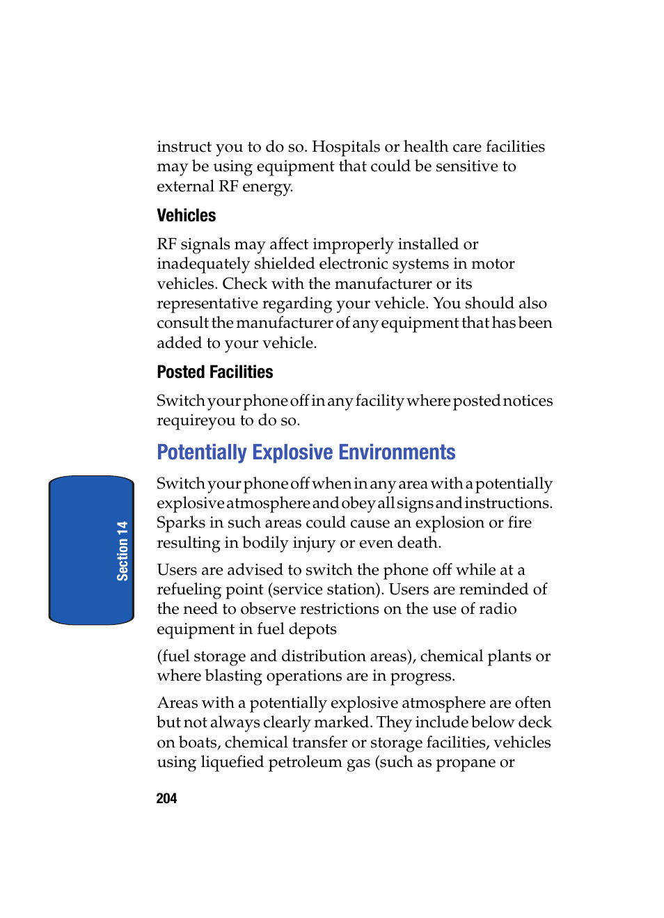 Vehicles, Posted facilities, Potentially explosive environments | Samsung SCH i830 User Manual | Page 204 / 224