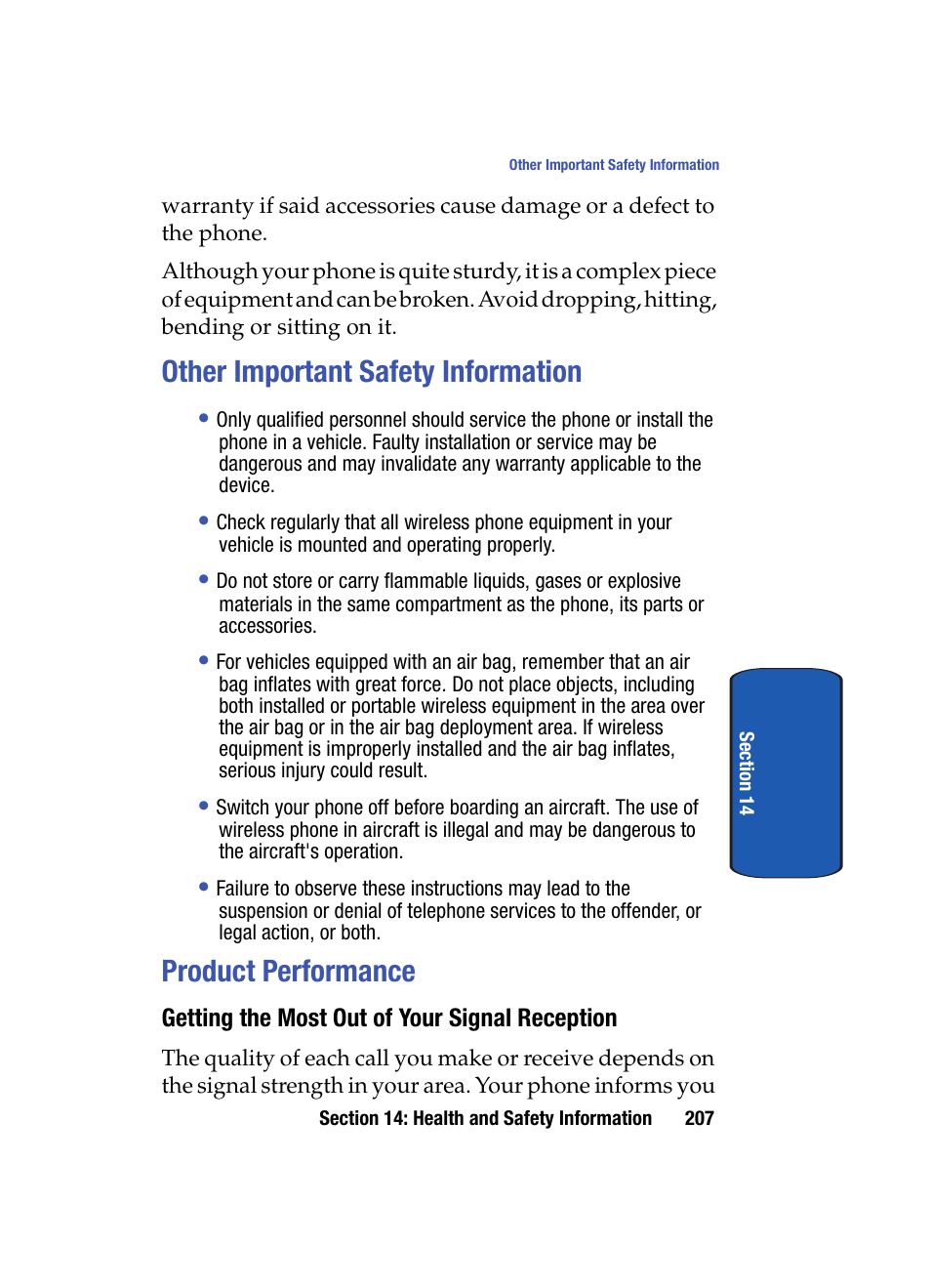 Other important safety information, Product performance, Getting the most out of your signal reception | Samsung SCH i830 User Manual | Page 207 / 224