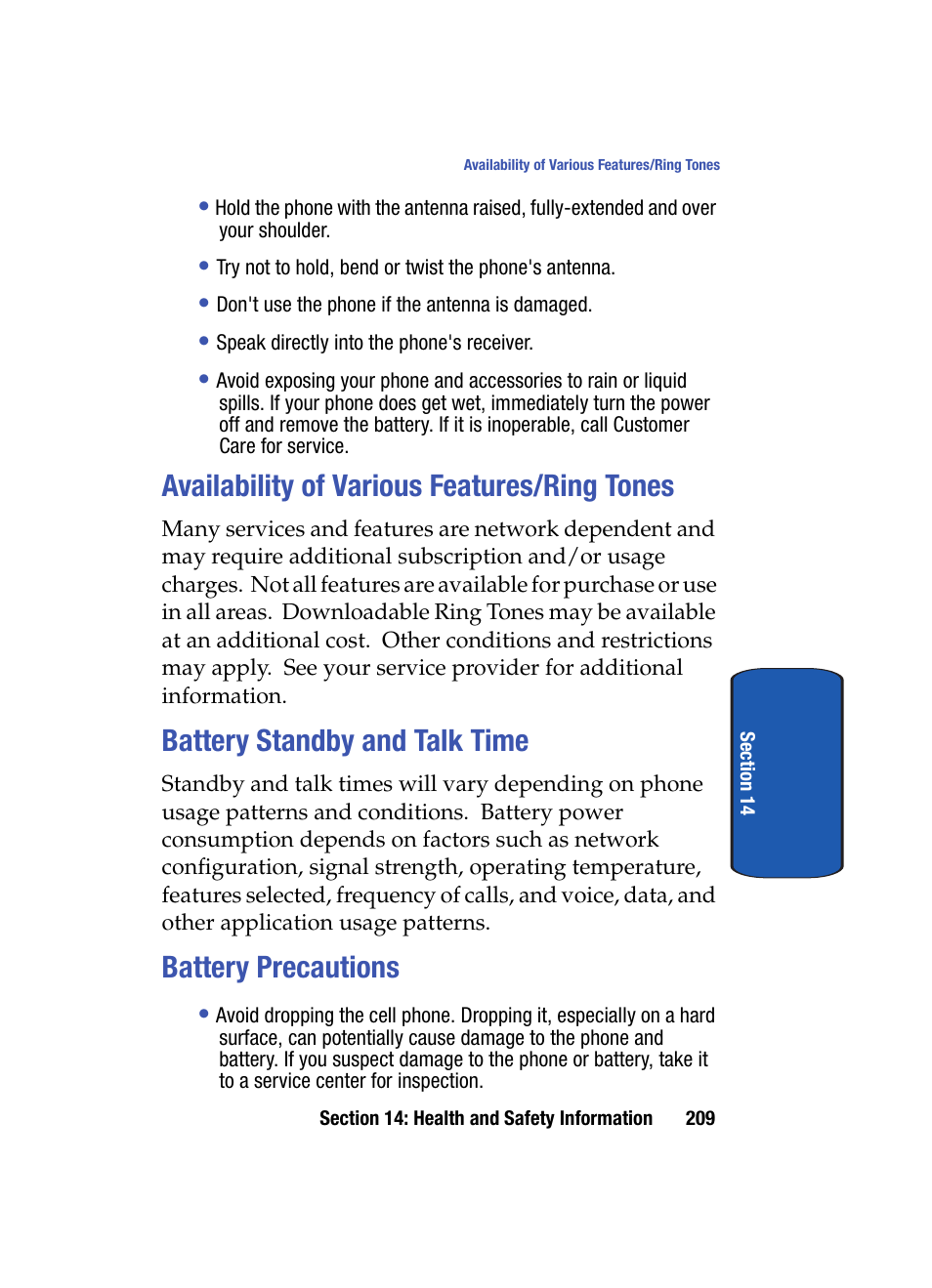 Availability of various features/ring tones, Battery standby and talk time, Battery precautions | Samsung SCH i830 User Manual | Page 209 / 224