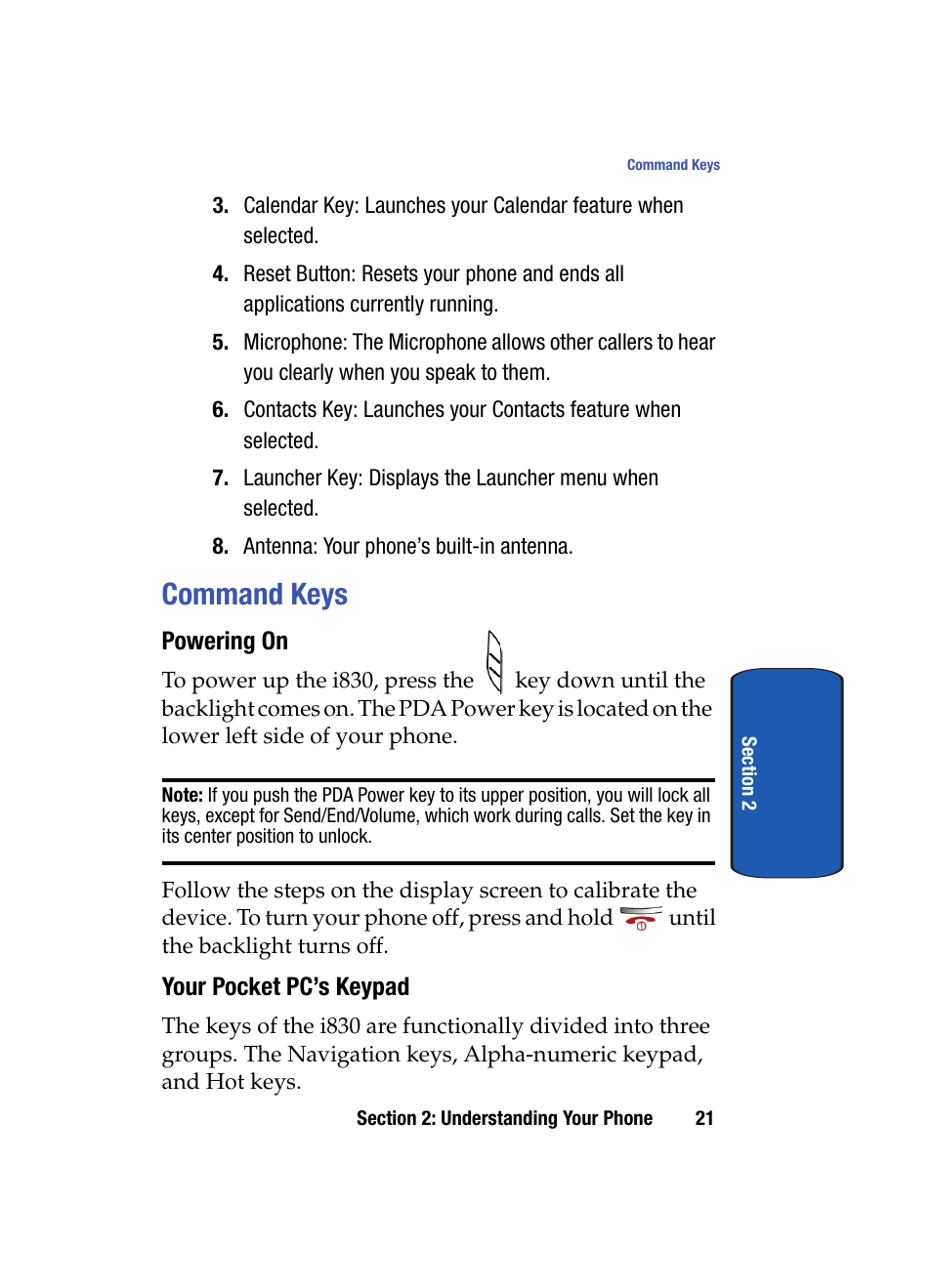 Command keys, Powering on, Your pocket pc’s keypad | Samsung SCH i830 User Manual | Page 21 / 224
