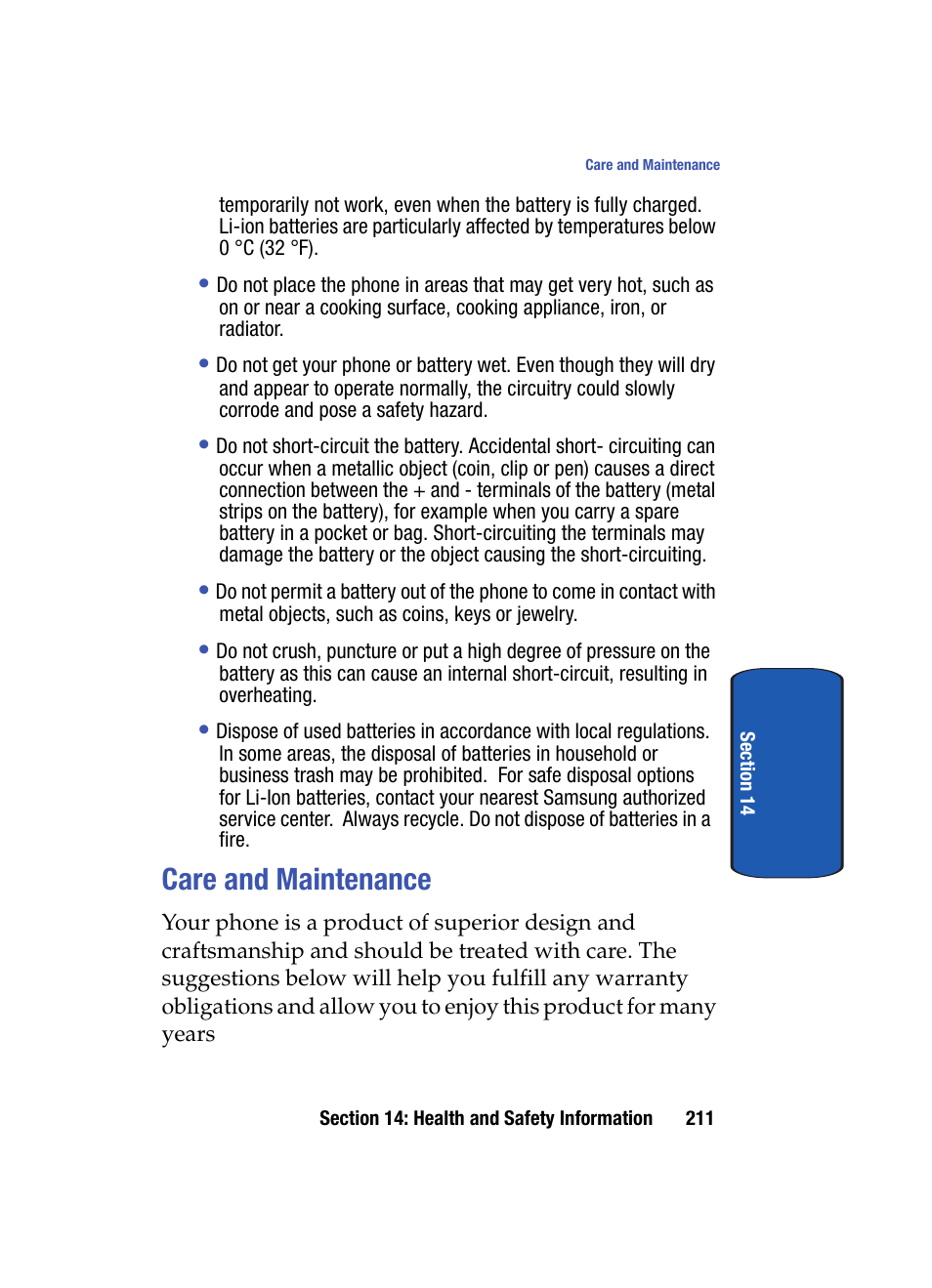 Care and maintenance | Samsung SCH i830 User Manual | Page 211 / 224