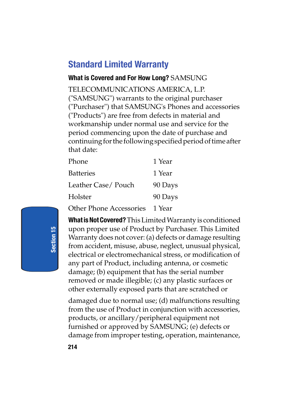 Standard limited warranty | Samsung SCH i830 User Manual | Page 214 / 224