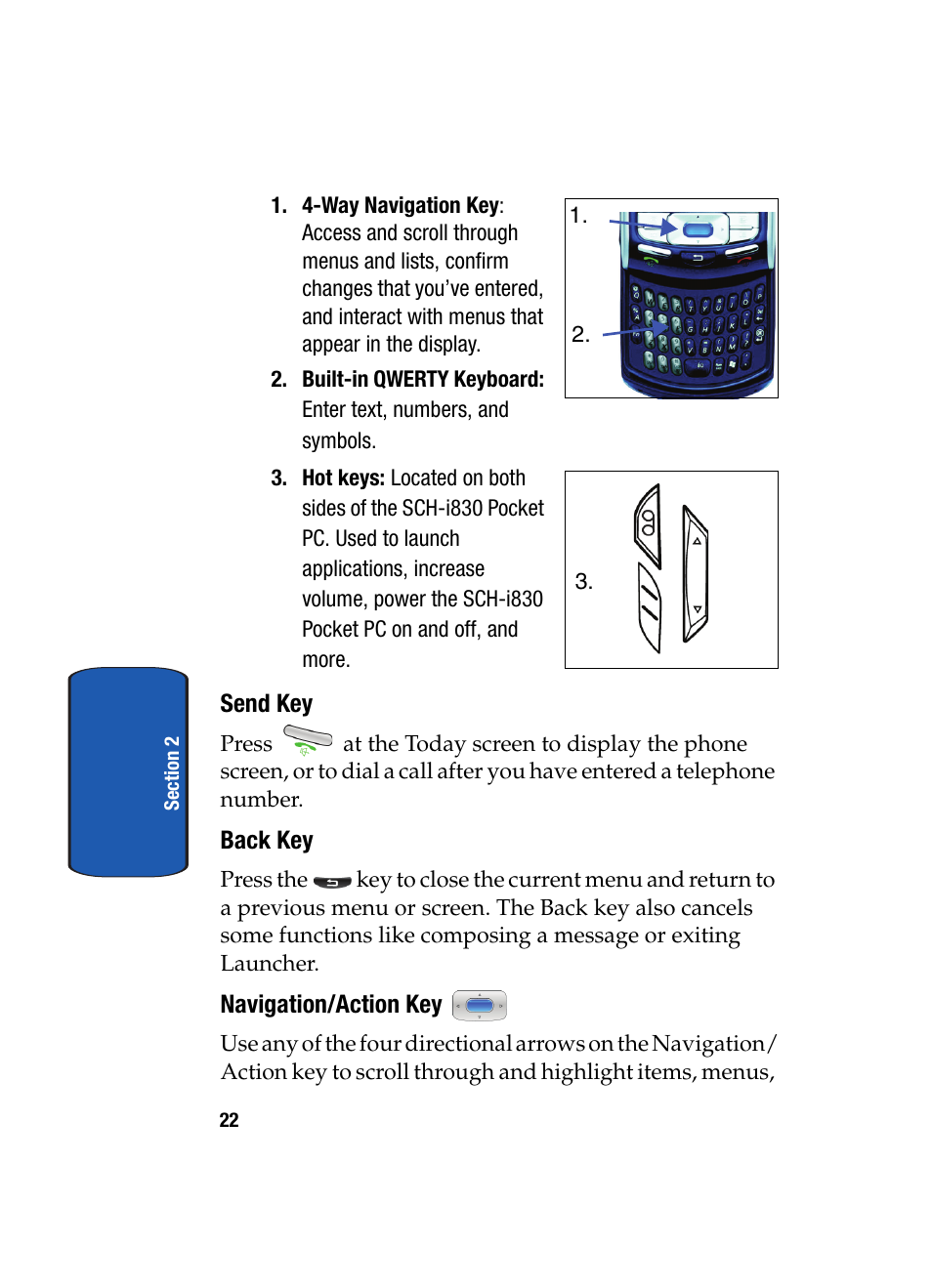 Send key, Back key, Navigation/action key | Samsung SCH i830 User Manual | Page 22 / 224