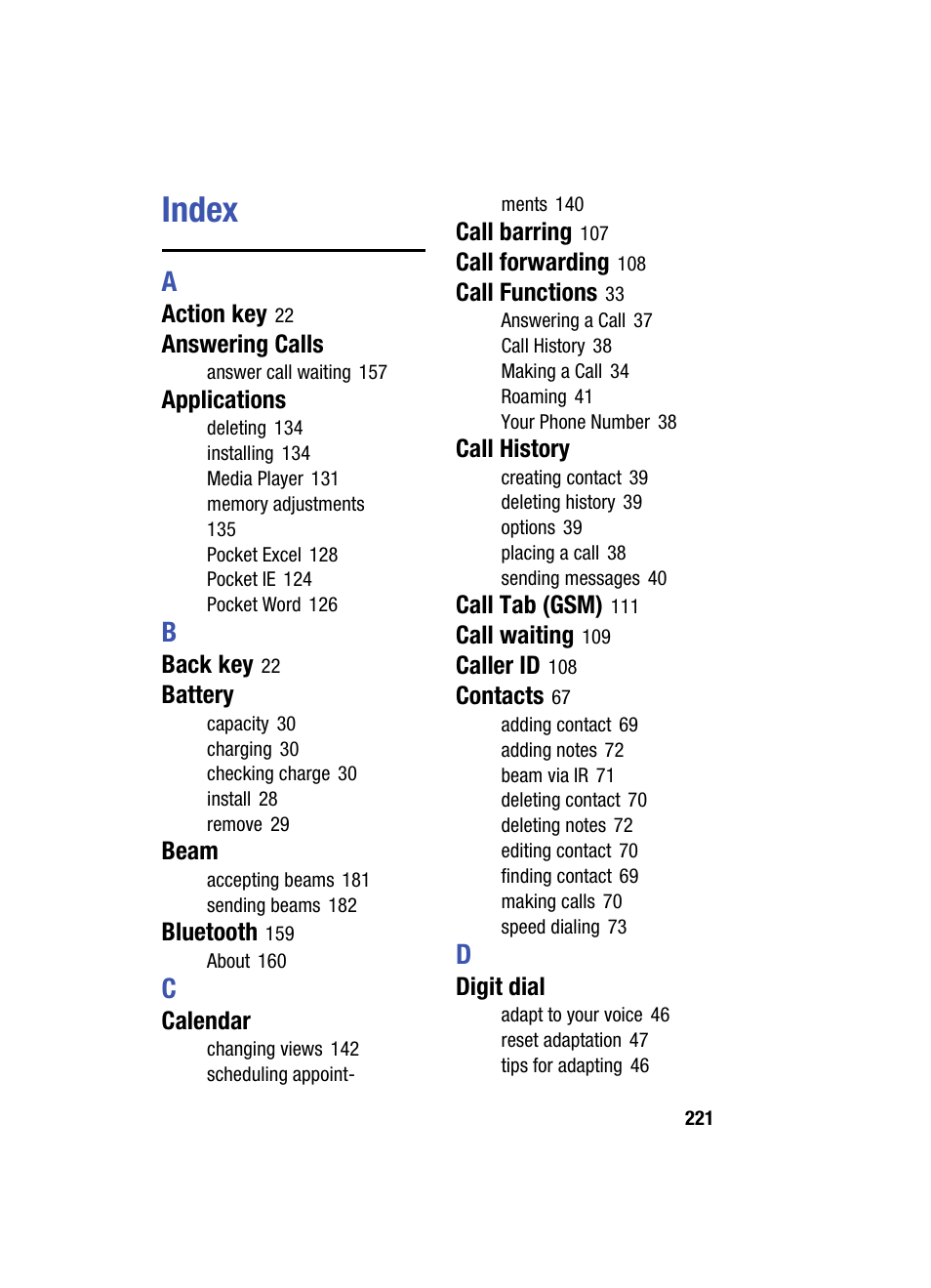 Index | Samsung SCH i830 User Manual | Page 221 / 224