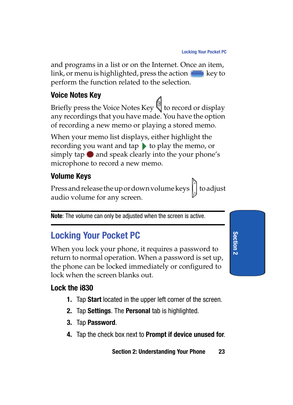 Voice notes key, Volume keys, Locking your pocket pc | Lock the i830 | Samsung SCH i830 User Manual | Page 23 / 224