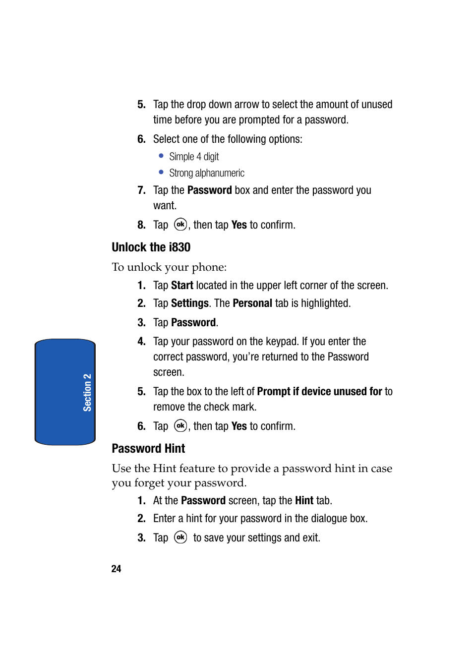 Unlock the i830, Password hint | Samsung SCH i830 User Manual | Page 24 / 224