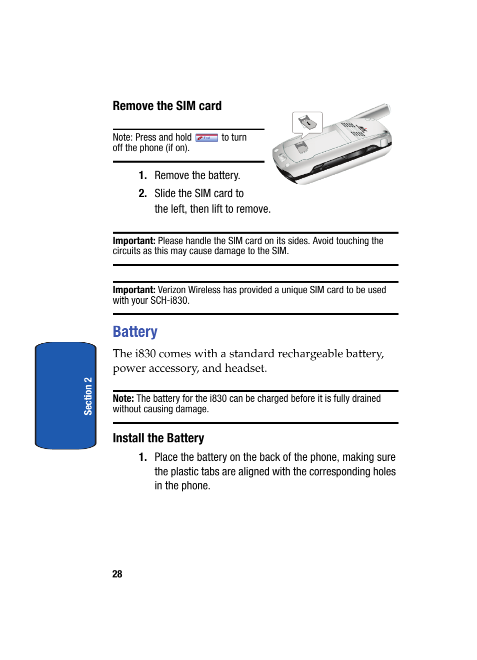 Remove the sim card, Battery, Install the battery | Samsung SCH i830 User Manual | Page 28 / 224