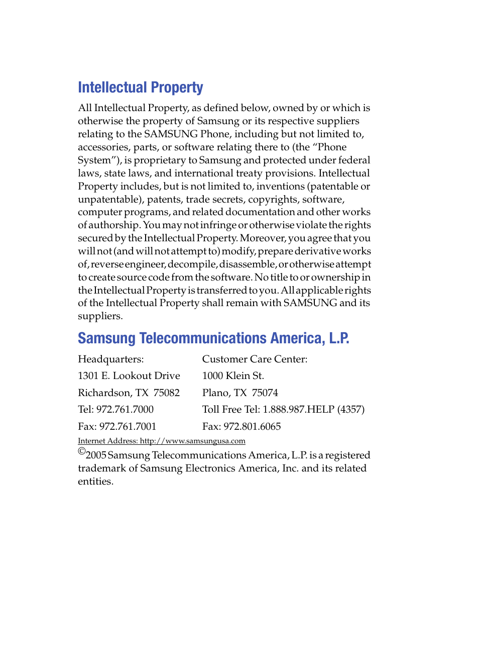 Intellectual property, Samsung telecommunications america, l.p | Samsung SCH i830 User Manual | Page 3 / 224