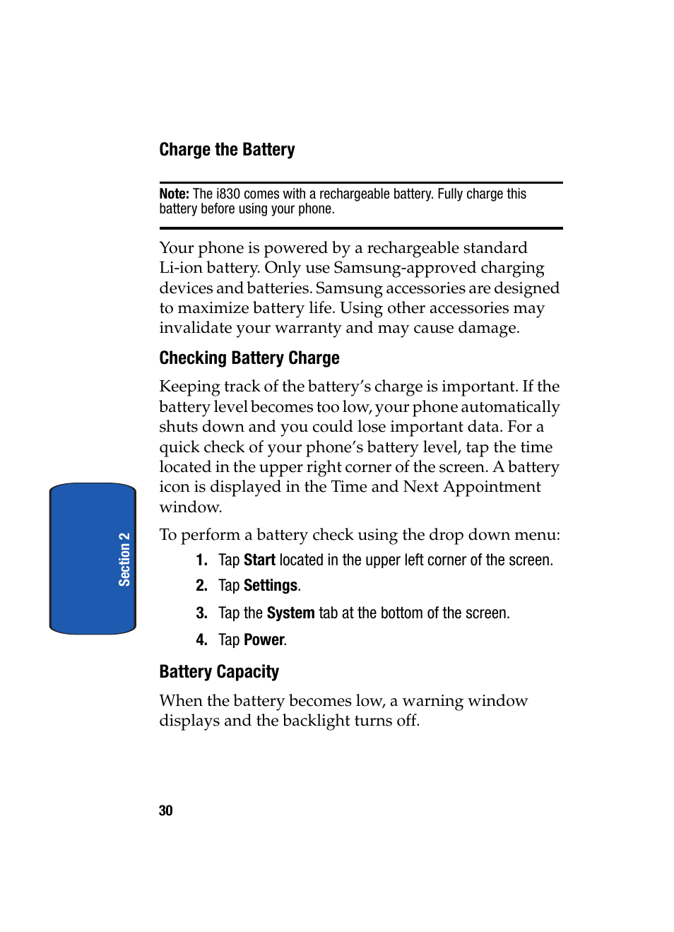 Charge the battery, Checking battery charge, Battery capacity | Samsung SCH i830 User Manual | Page 30 / 224