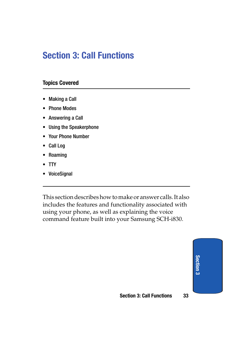 Section 3: call functions | Samsung SCH i830 User Manual | Page 33 / 224