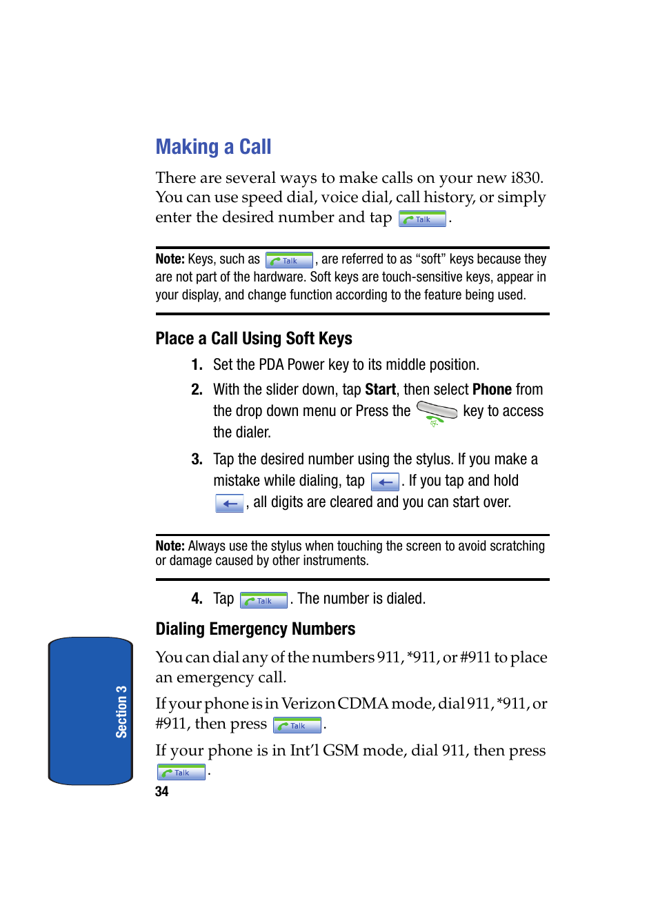 Making a call, Place a call using soft keys, Dialing emergency numbers | Samsung SCH i830 User Manual | Page 34 / 224