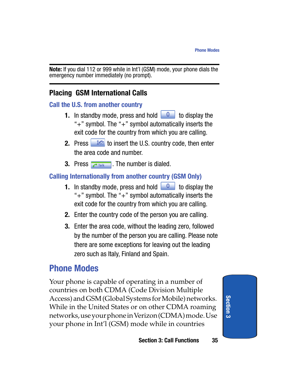 Placing gsm international calls, Call the u.s. from another country, Phone modes | Samsung SCH i830 User Manual | Page 35 / 224