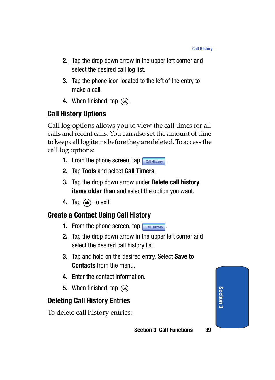 Call history options, Create a contact using call history, Deleting call history entries | Samsung SCH i830 User Manual | Page 39 / 224