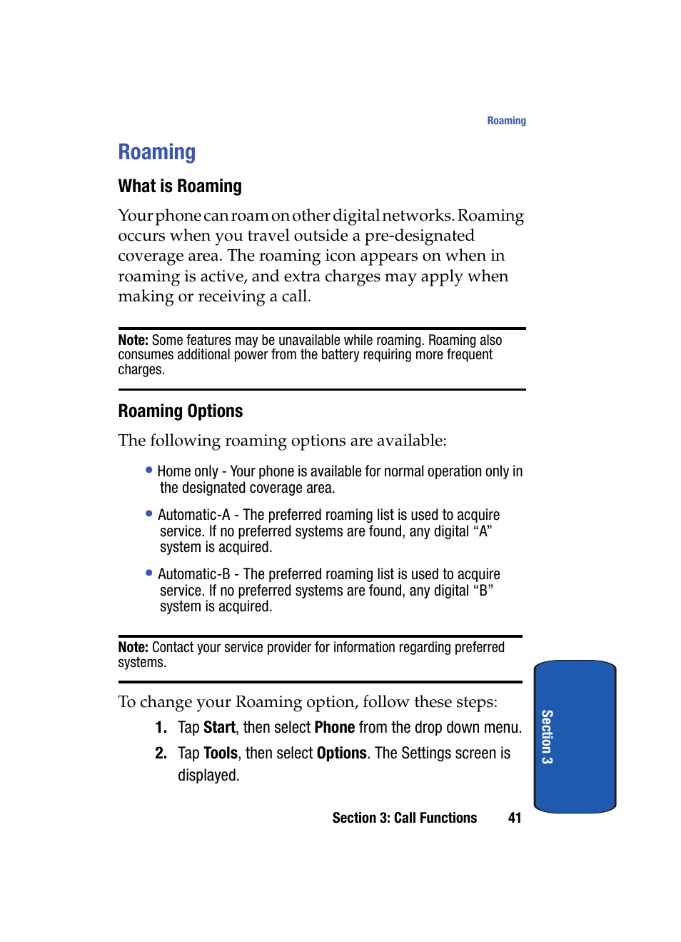 Roaming, What is roaming, Roaming options | Samsung SCH i830 User Manual | Page 41 / 224