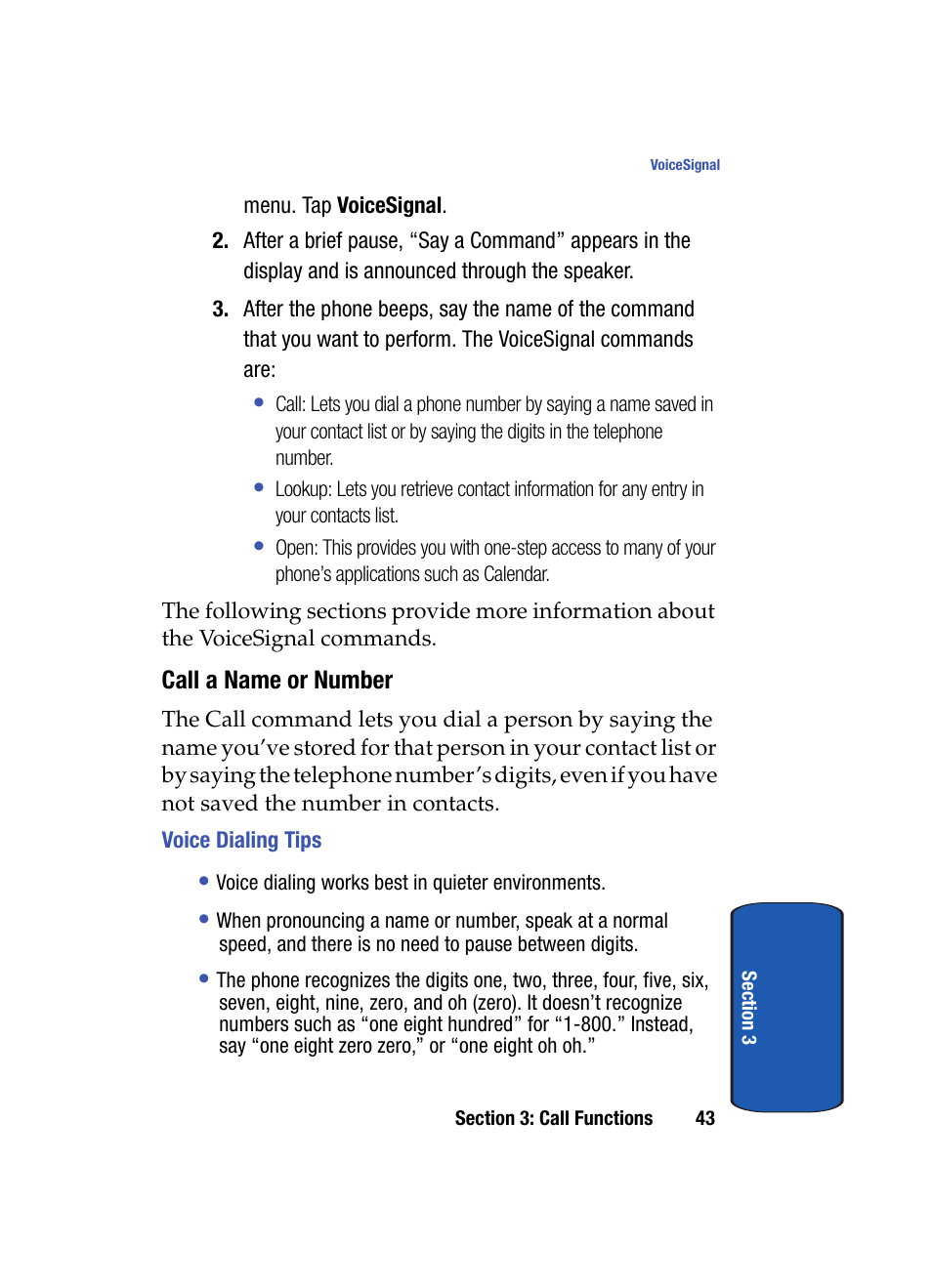 Call a name or number, Voice dialing tips | Samsung SCH i830 User Manual | Page 43 / 224