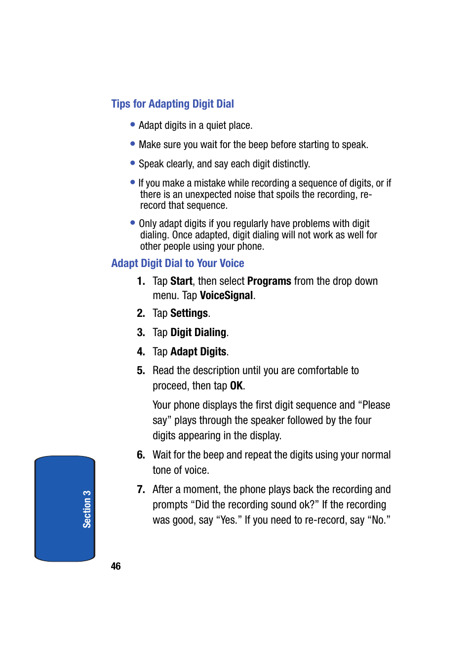 Tips for adapting digit dial, Adapt digit dial to your voice | Samsung SCH i830 User Manual | Page 46 / 224