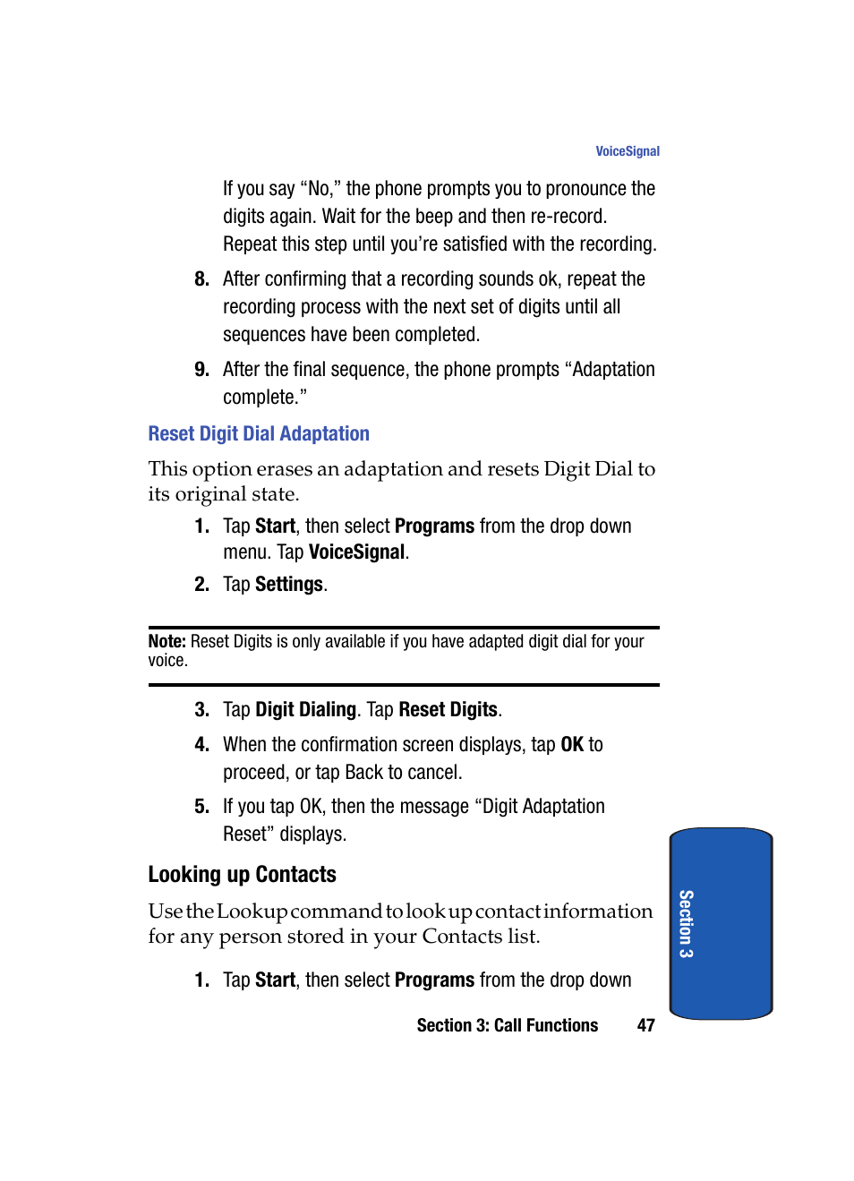 Reset digit dial adaptation, Looking up contacts | Samsung SCH i830 User Manual | Page 47 / 224