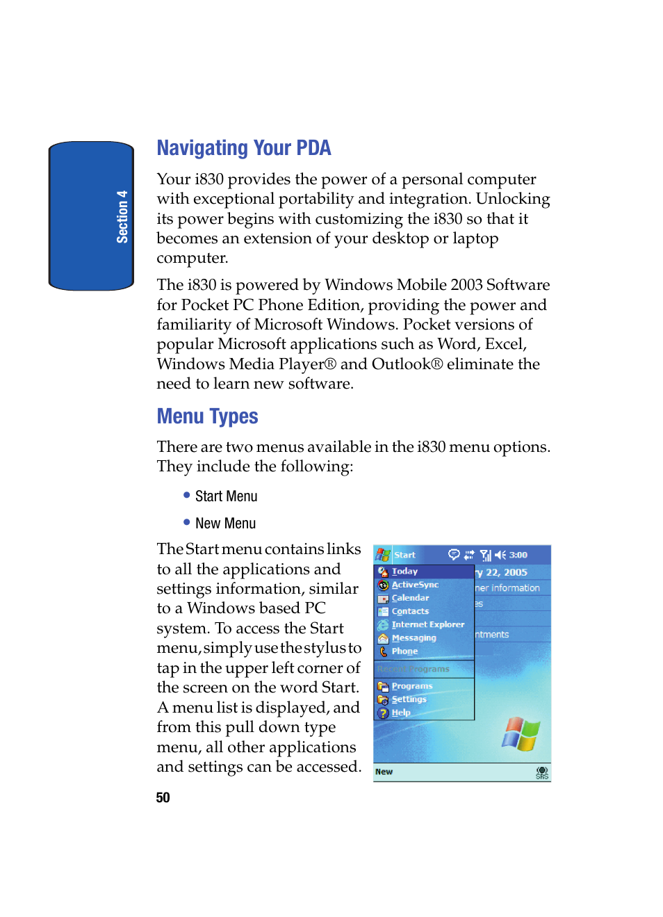 Navigating your pda, Menu types, Navigating your pda menu types | Samsung SCH i830 User Manual | Page 50 / 224