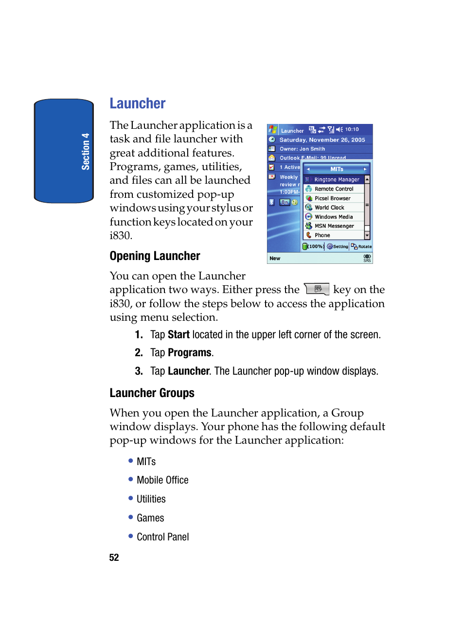Launcher, Opening launcher, Launcher groups | Samsung SCH i830 User Manual | Page 52 / 224