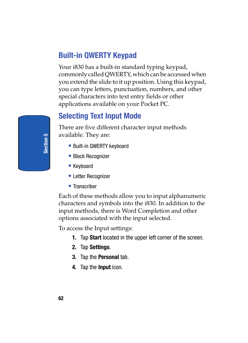 Built-in qwerty keypad, Selecting text input mode, Built-in qwerty keypad selecting text input mode | Samsung SCH i830 User Manual | Page 62 / 224