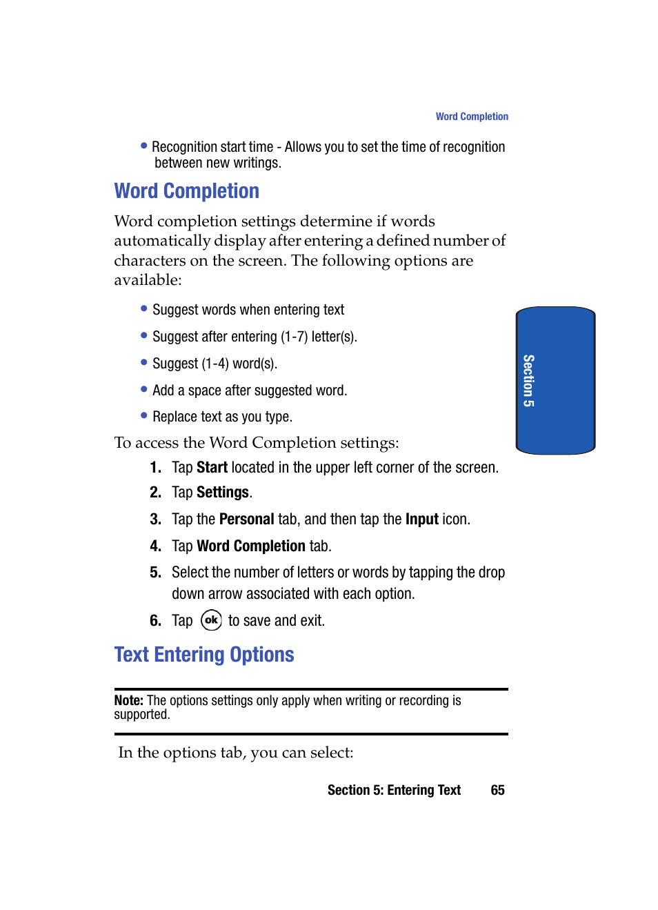 Word completion, Text entering options, Word completion text entering options | Samsung SCH i830 User Manual | Page 65 / 224