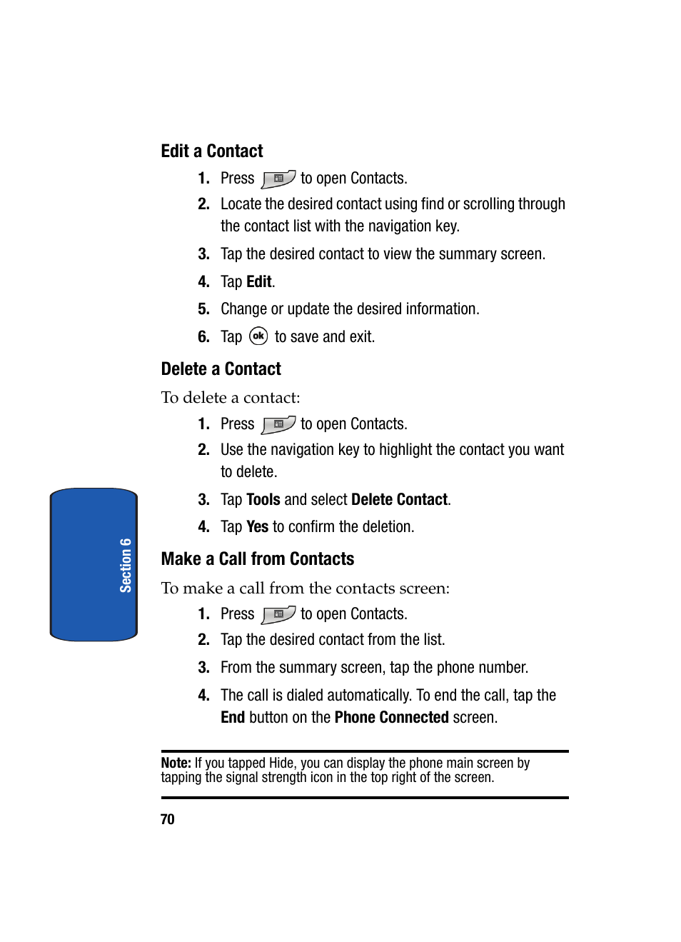 Edit a contact, Delete a contact, Make a call from contacts | Samsung SCH i830 User Manual | Page 70 / 224