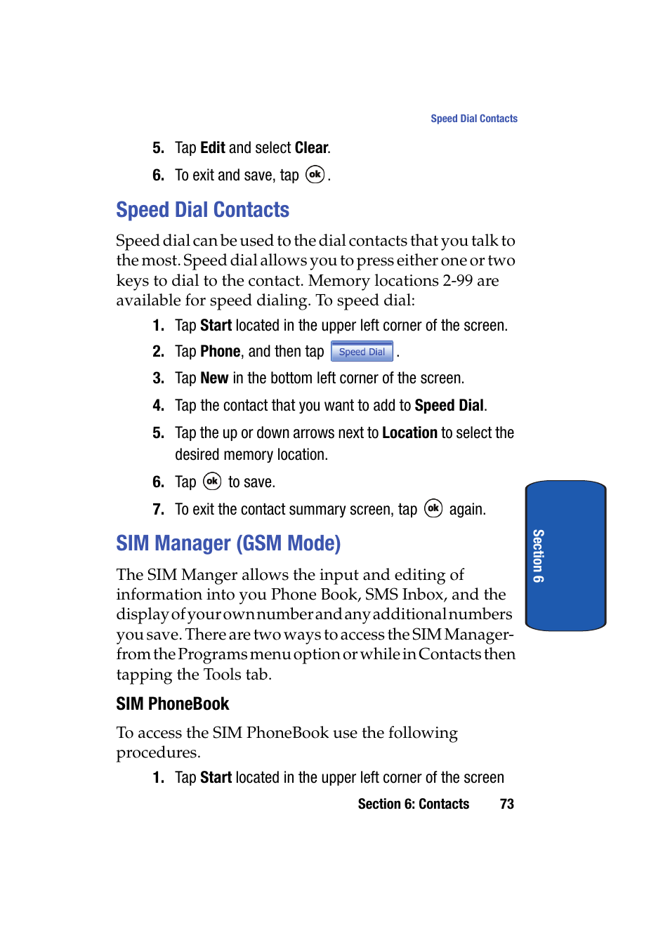 Speed dial contacts, Sim manager (gsm mode), Sim phonebook | Speed dial contacts sim manager (gsm mode) | Samsung SCH i830 User Manual | Page 73 / 224
